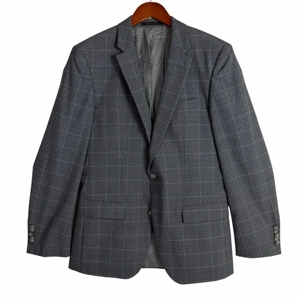 Hugo BOSS Tailored Gray Windowpane Plaid Blazer Virgin Wool Sport Coat Men’s 38R